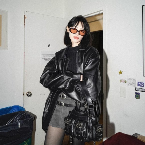 aelfric eden bke faux leather jacket Korean Clothes Y2k Aelfric Eden Letters Print Vintage Embrodiery